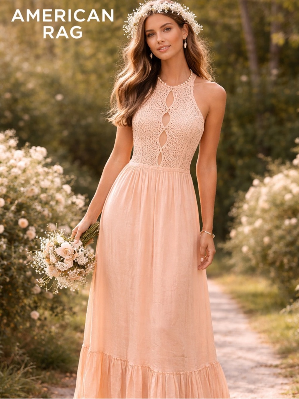 NWT American Rag Crochet Lace  Dress Boho Wedding Guest Peach Romantic Size S